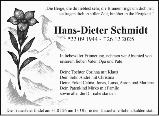 Traueranzeige von Hans-Dieter Schmidt von Südthüringer Presse