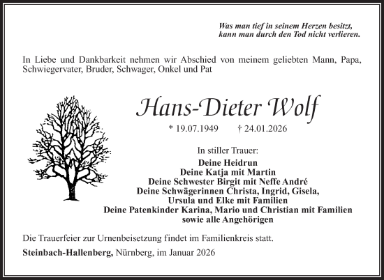 Traueranzeige von Hans-Dieter Wolf von Südthüringer Presse