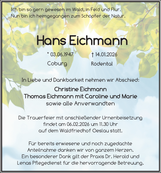 Traueranzeige von Hans Eichmann von Neue Presse Coburg