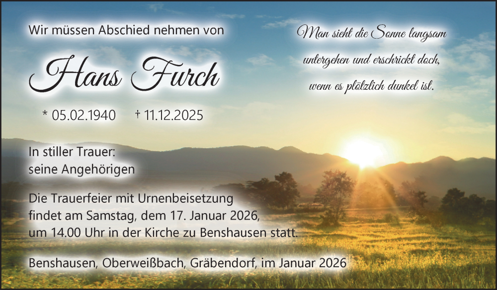  Traueranzeige für Hans Furch vom 10.01.2026 aus Südthüringer Presse