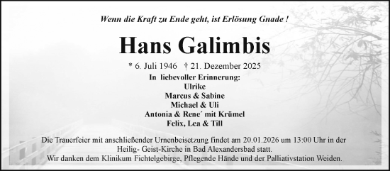 Traueranzeige von Hans Galimbis von Frankenpost