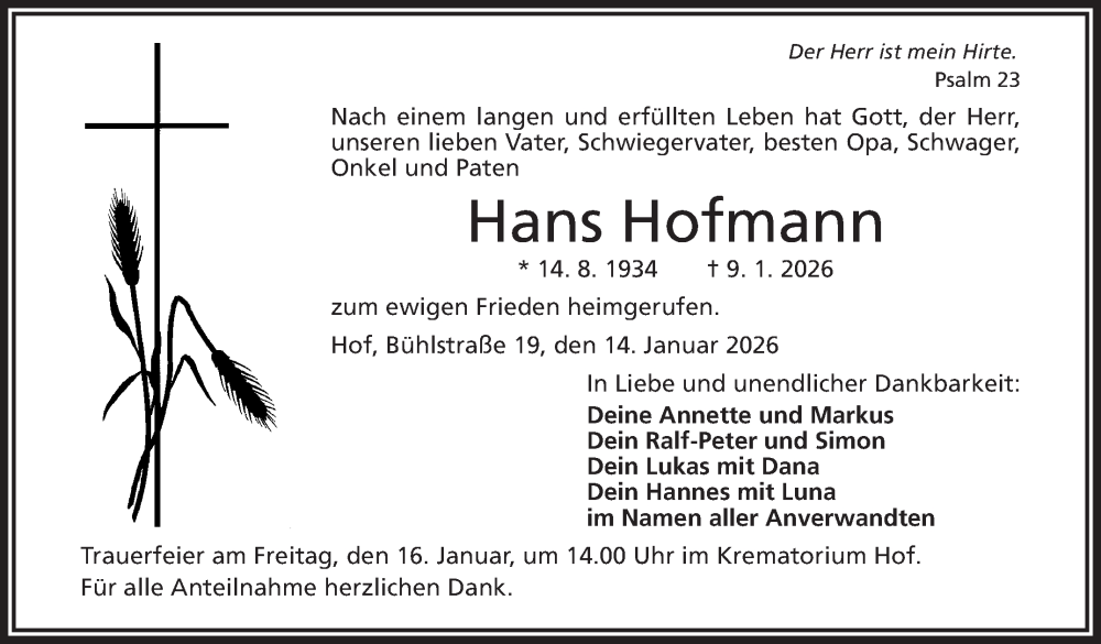  Traueranzeige für Hans Hofmann vom 14.01.2026 aus Frankenpost