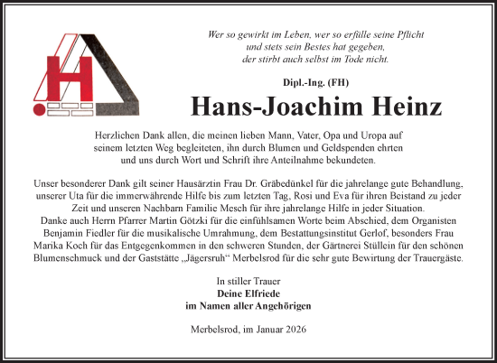 Traueranzeige von Hans-Joachim Heinz von Südthüringer Presse