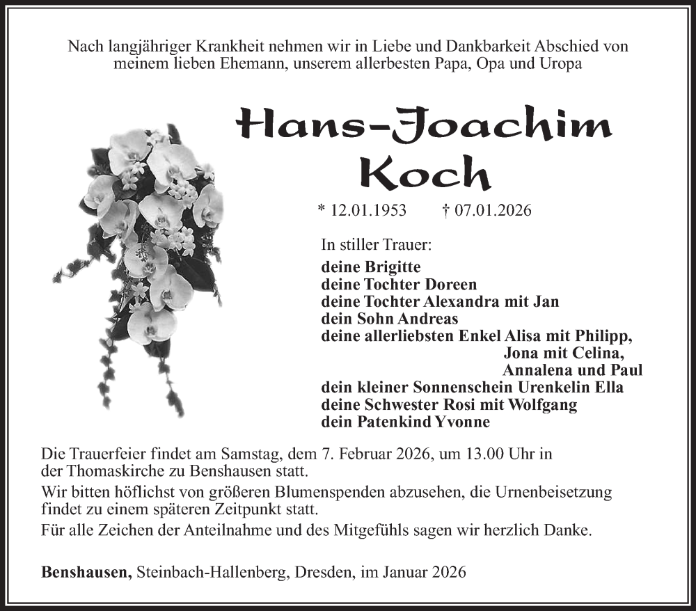 Traueranzeige für Hans-Joachim Koch vom 24.01.2026 aus Südthüringer Presse