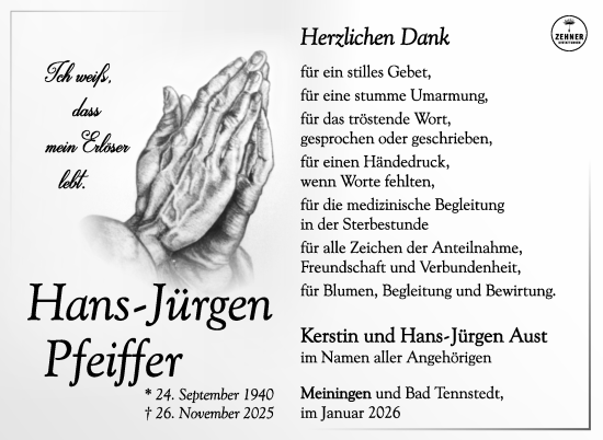 Traueranzeige von Hans-Jürgen Pfeiffer von Südthüringer Presse