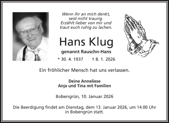 Traueranzeige von Hans Klug von Frankenpost