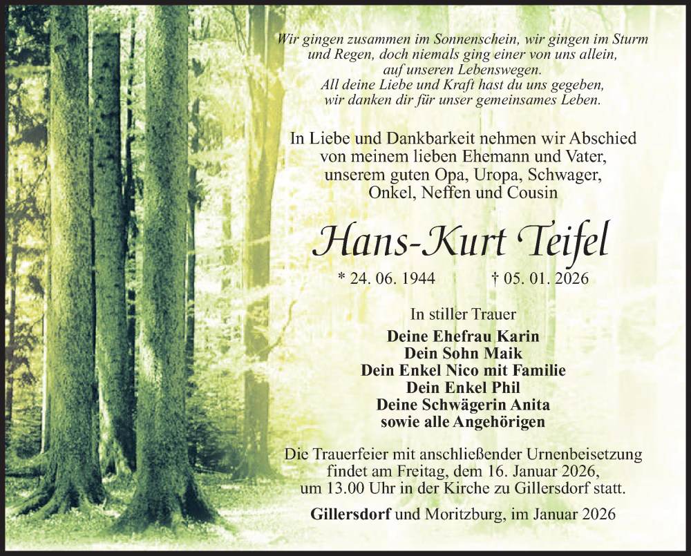  Traueranzeige für Hans-Kurt Teifel vom 10.01.2026 aus Südthüringer Presse