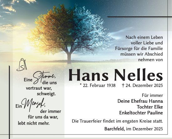 Traueranzeige von Hans Nelles von Südthüringer Presse