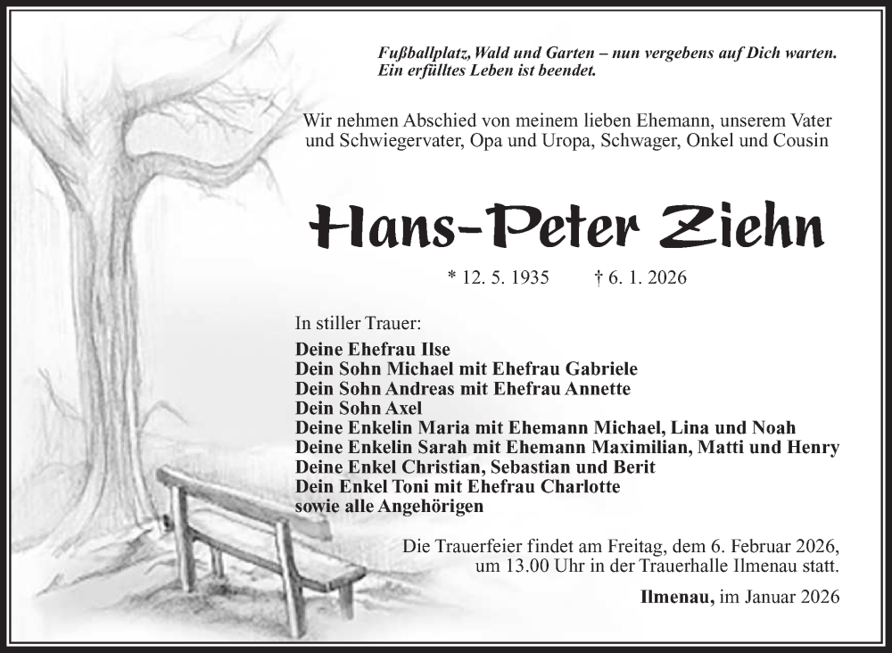  Traueranzeige für Hans-Peter Ziehn vom 24.01.2026 aus Südthüringer Presse