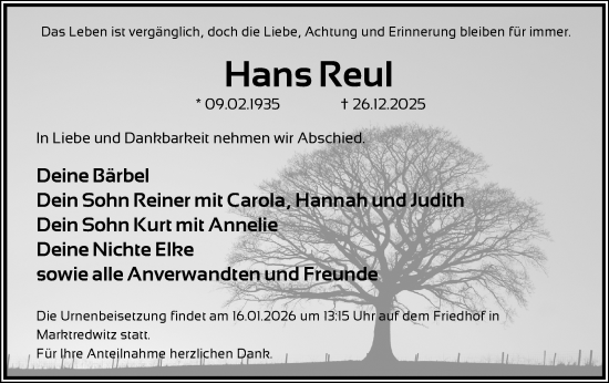 Traueranzeige von Hans Reul von Frankenpost
