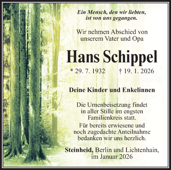 Traueranzeige von Hans Schippel von Südthüringer Presse