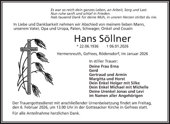 Traueranzeige von Hans Söllner von Frankenpost