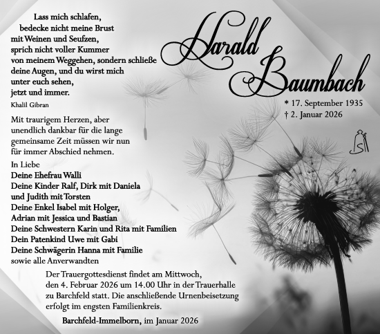 Traueranzeige von Harald Baumbach von Südthüringer Presse