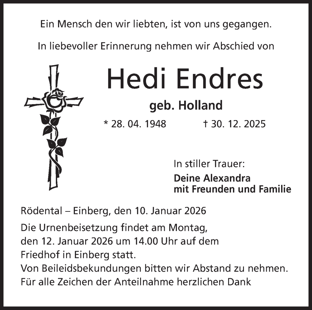  Traueranzeige für Hedi Endres vom 10.01.2026 aus Neue Presse Coburg