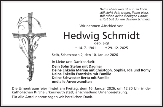 Traueranzeige von Hedwig Schmidt von Frankenpost