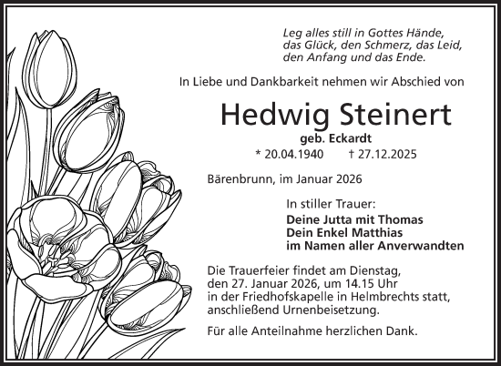 Traueranzeige von Hedwig Steinert von Frankenpost