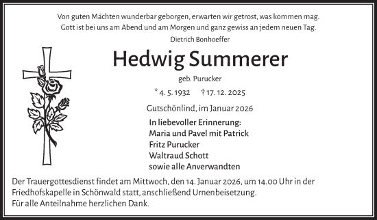 Traueranzeige von Hedwig Summerer von Frankenpost