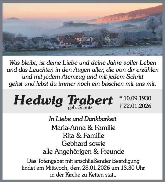 Traueranzeige von Hedwig Trabert von Südthüringer Presse