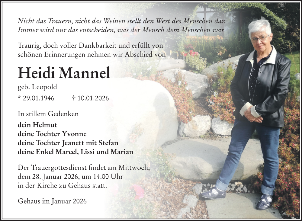  Traueranzeige für Heidi Mannel vom 24.01.2026 aus Südthüringer Presse