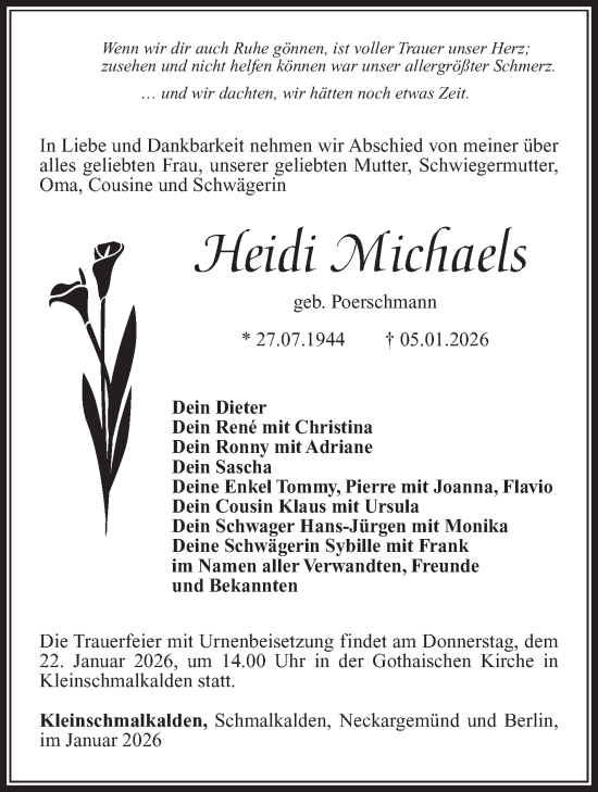 Traueranzeige von Heidi Michaels von Südthüringer Presse
