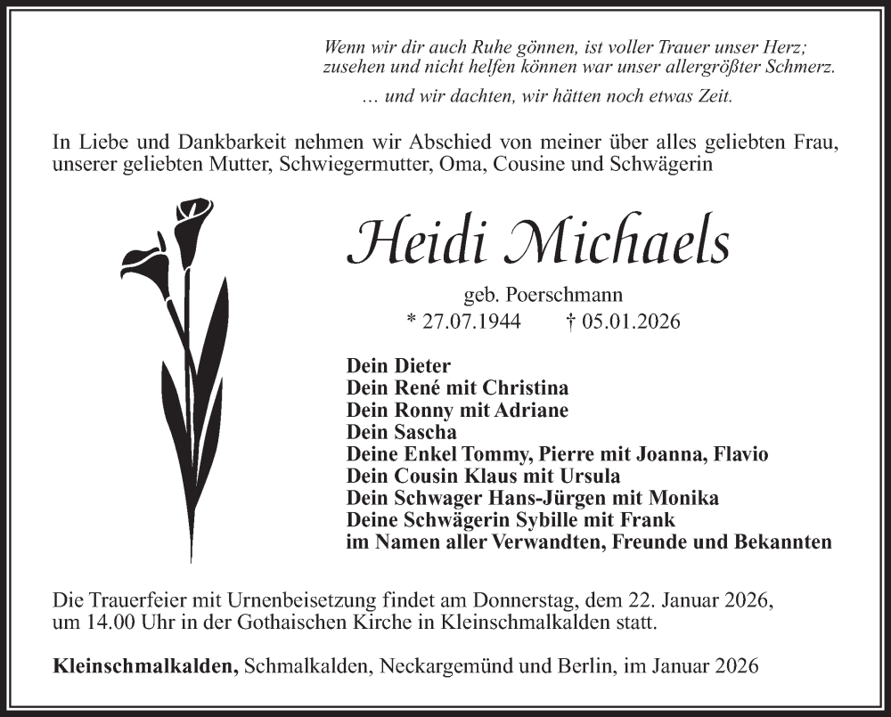  Traueranzeige für Heidi Michaels vom 17.01.2026 aus Südthüringer Presse