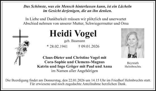 Traueranzeige von Heidi Vogel von Frankenpost