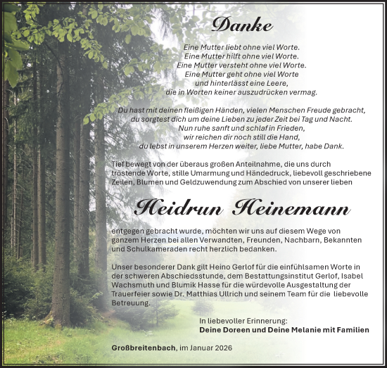 Traueranzeige von Heidrun Heinemann von Südthüringer Presse