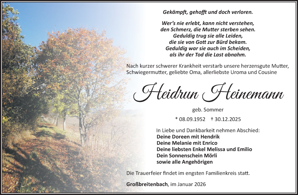  Traueranzeige für Heidrun Heinemann vom 10.01.2026 aus Südthüringer Presse