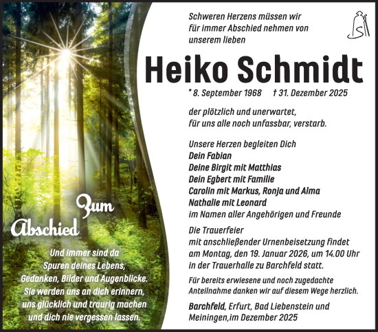 Traueranzeige von Heiko Schmidt von Südthüringer Presse