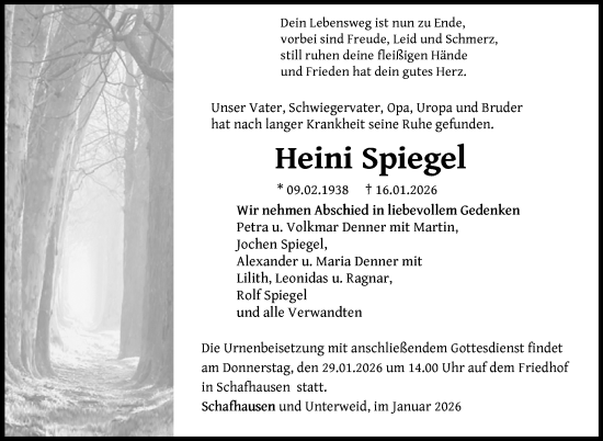Traueranzeige von Heini Spiegel von Südthüringer Presse
