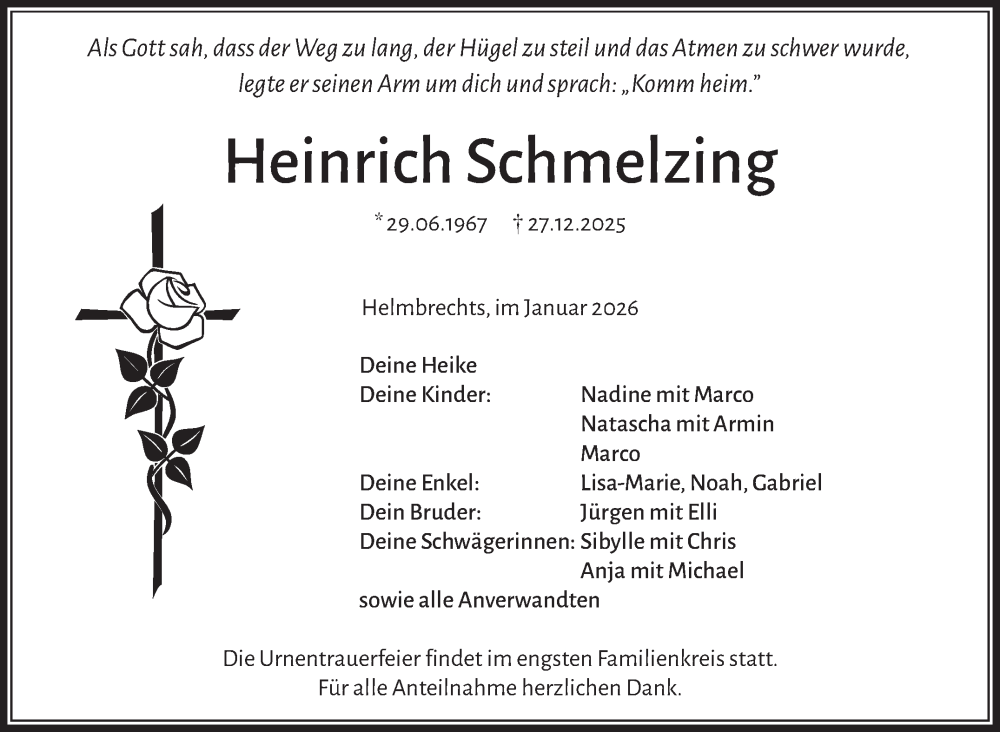  Traueranzeige für Heinrich Schmelzing vom 10.01.2026 aus Frankenpost