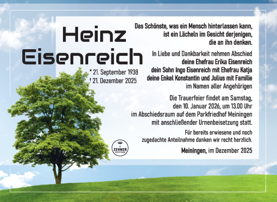 Traueranzeige von Heinz Eisenreich von Südthüringer Presse