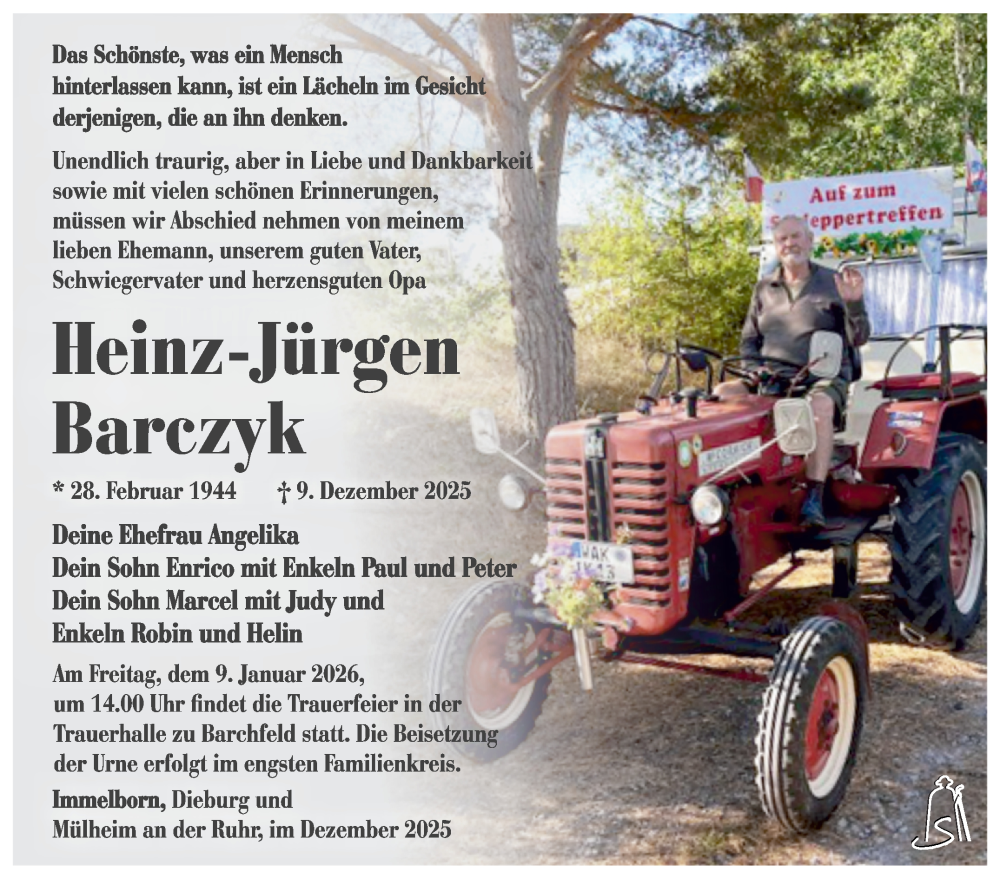  Traueranzeige für Heinz-Jürgen Barczyk vom 02.01.2026 aus Südthüringer Presse