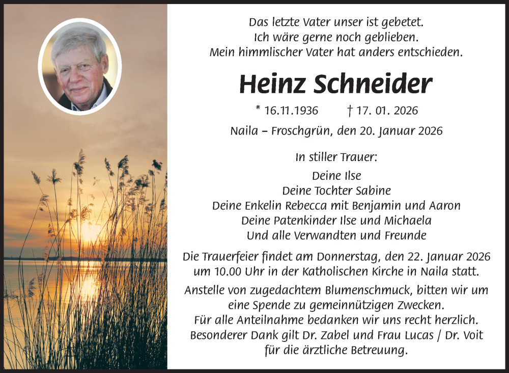  Traueranzeige für Heinz Schneider vom 20.01.2026 aus Frankenpost