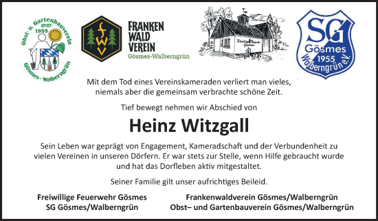 Traueranzeige von Heinz Witzgall von Frankenpost