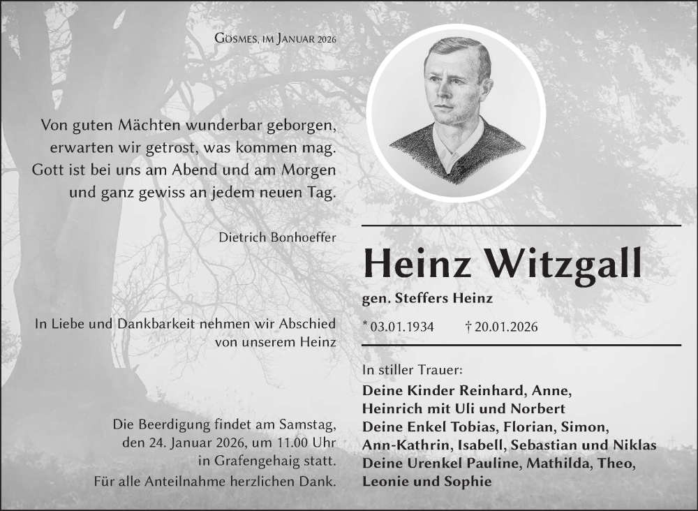  Traueranzeige für Heinz Witzgall vom 23.01.2026 aus Frankenpost