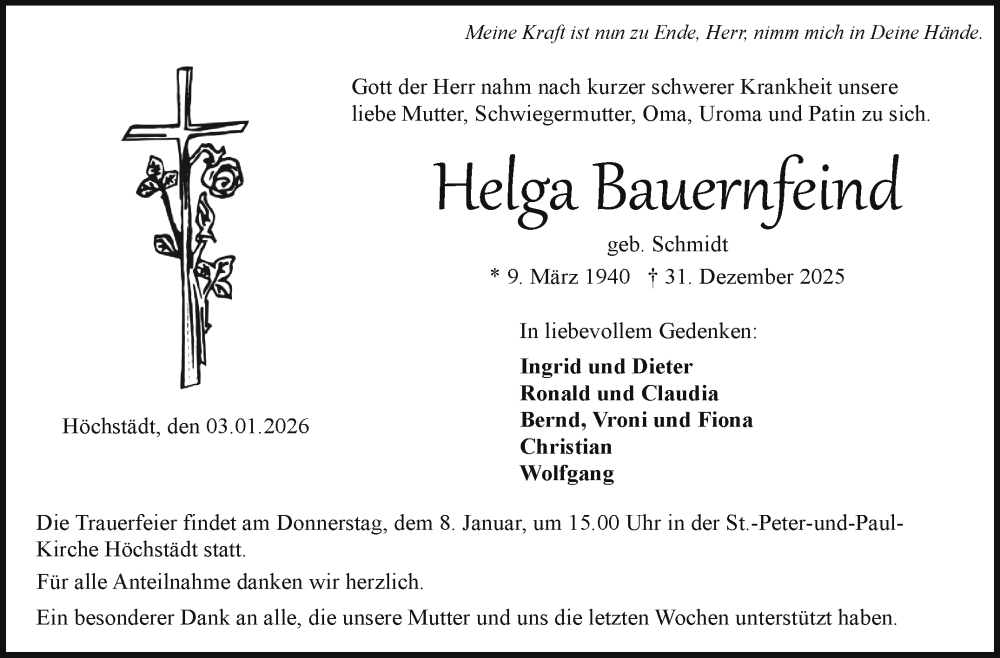  Traueranzeige für Helga Bauernfeind vom 03.01.2026 aus Frankenpost