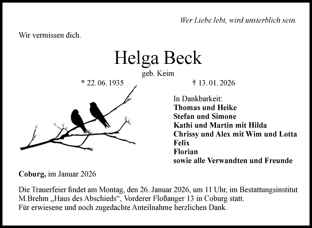  Traueranzeige für Helga Beck vom 17.01.2026 aus Neue Presse Coburg