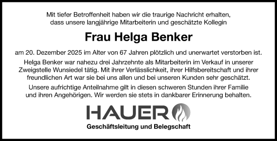 Traueranzeige von Helga Benker von Frankenpost