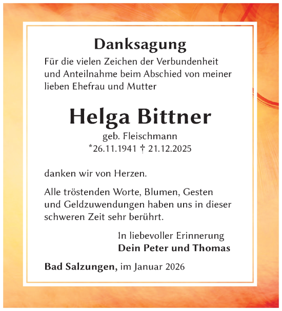Traueranzeige von Helga Bittner von Südthüringer Presse