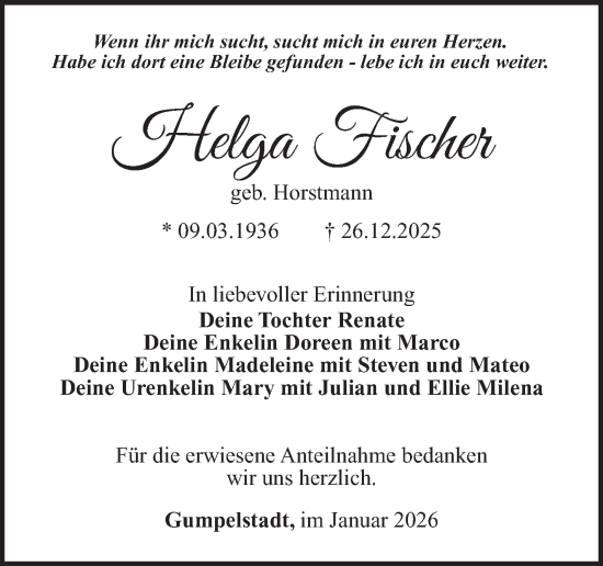 Traueranzeige von Helga Fischer von Südthüringer Presse
