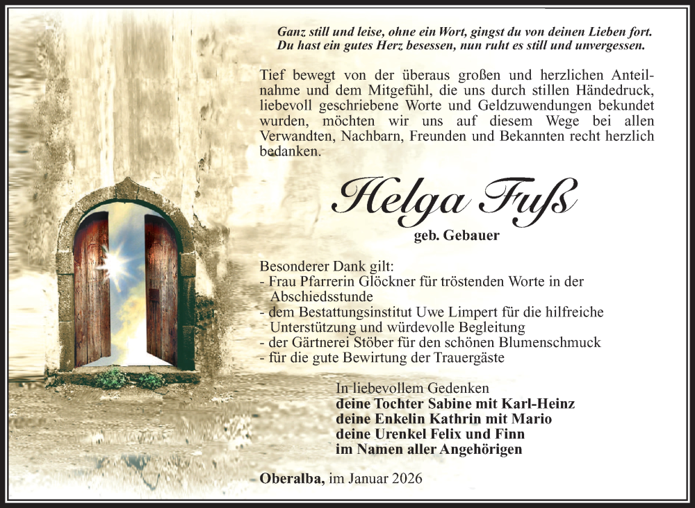  Traueranzeige für Helga Fuß vom 09.01.2026 aus Südthüringer Presse
