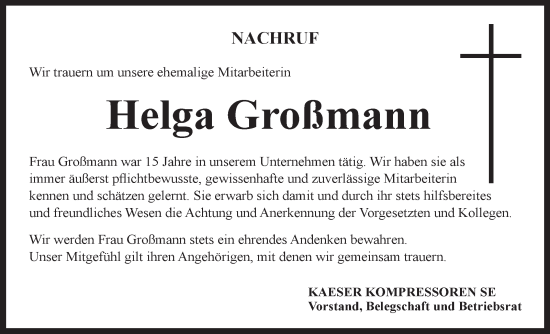 Traueranzeige von Helga Großmann von Südthüringer Presse