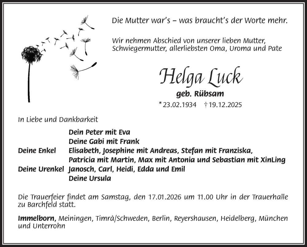  Traueranzeige für Helga Luck vom 10.01.2026 aus Südthüringer Presse