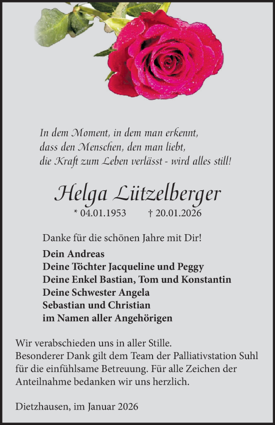 Traueranzeige von Helga Lützelberger von Südthüringer Presse