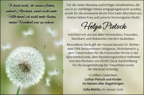 Traueranzeige von Helga Pietsch von Südthüringer Presse