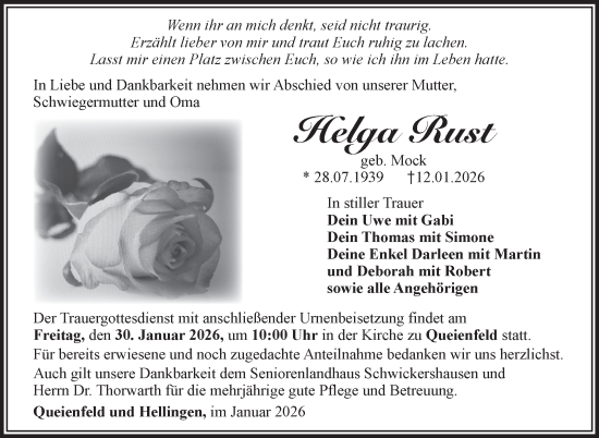 Traueranzeige von Helga Rust von Südthüringer Presse