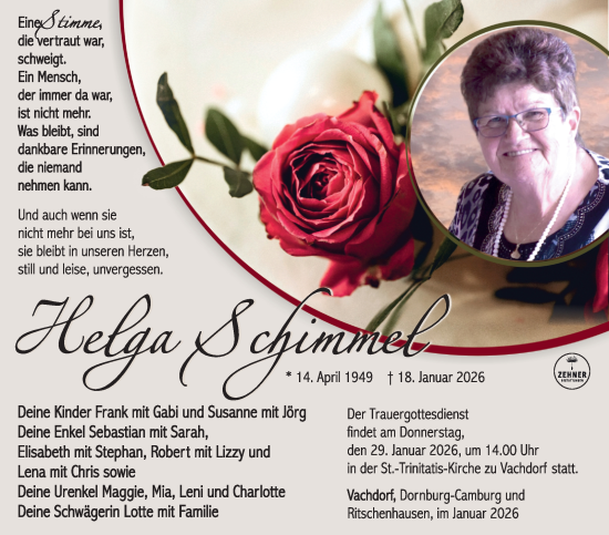 Traueranzeige von Helga Schimmel von Südthüringer Presse