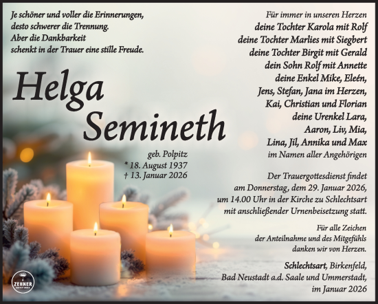 Traueranzeige von Helga Semineth von Südthüringer Presse