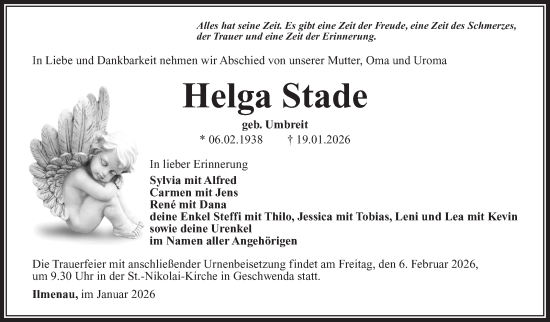 Traueranzeige von Helga Stade von Südthüringer Presse